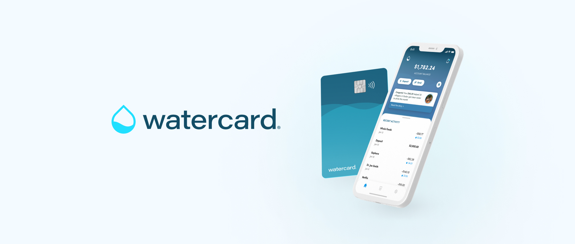 Watercard Challenge - Logo, Debit Card, and App Mockup
